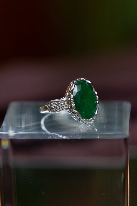 Faceted Cabochon Jade Silver Ring