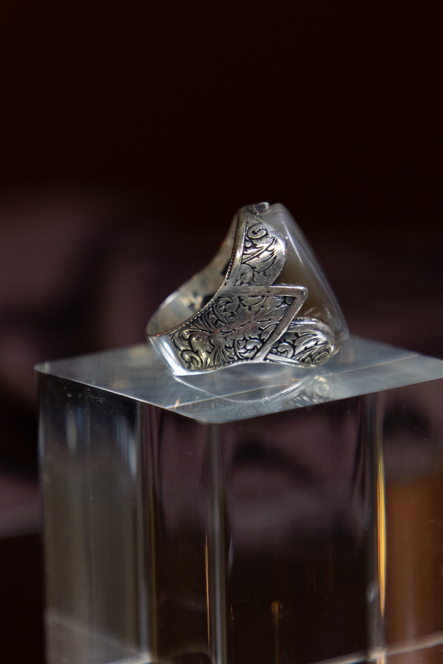 Brown/White Striped Yemeni Agate Silver Ring