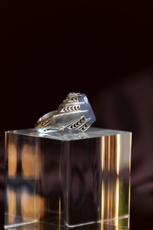 Engraved Blue Yemeni Agate Silver Ring