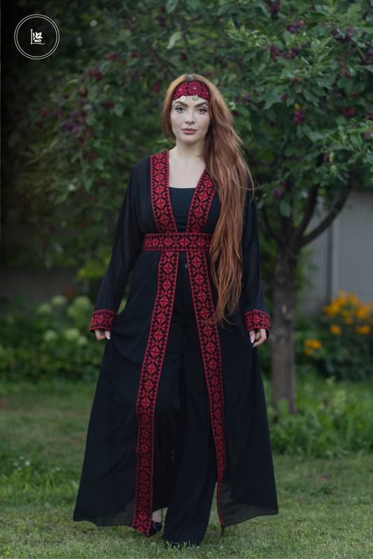 Tatreez Sheer Abaya & Tatreez Headband with Coins