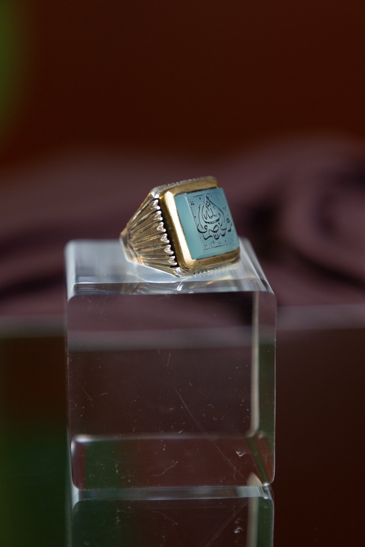 Engraved Transparent Yemeni Agate Silver Ring