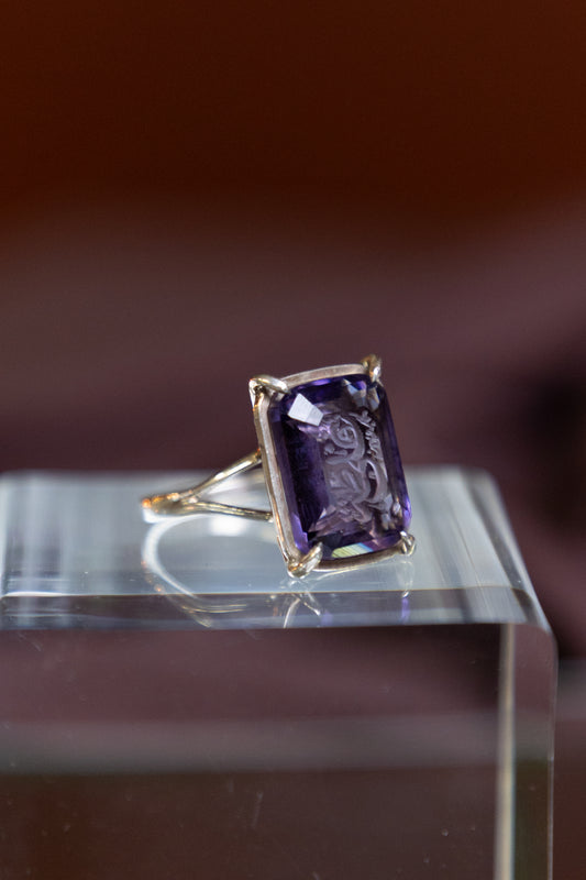 Engraved Amethyst Silver Ring