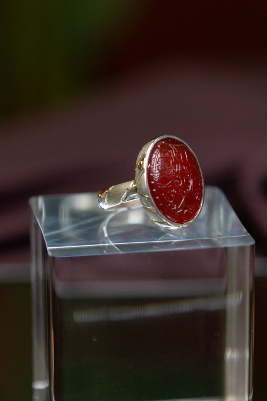 Engraved Red Yemeni Agate Silver Ring