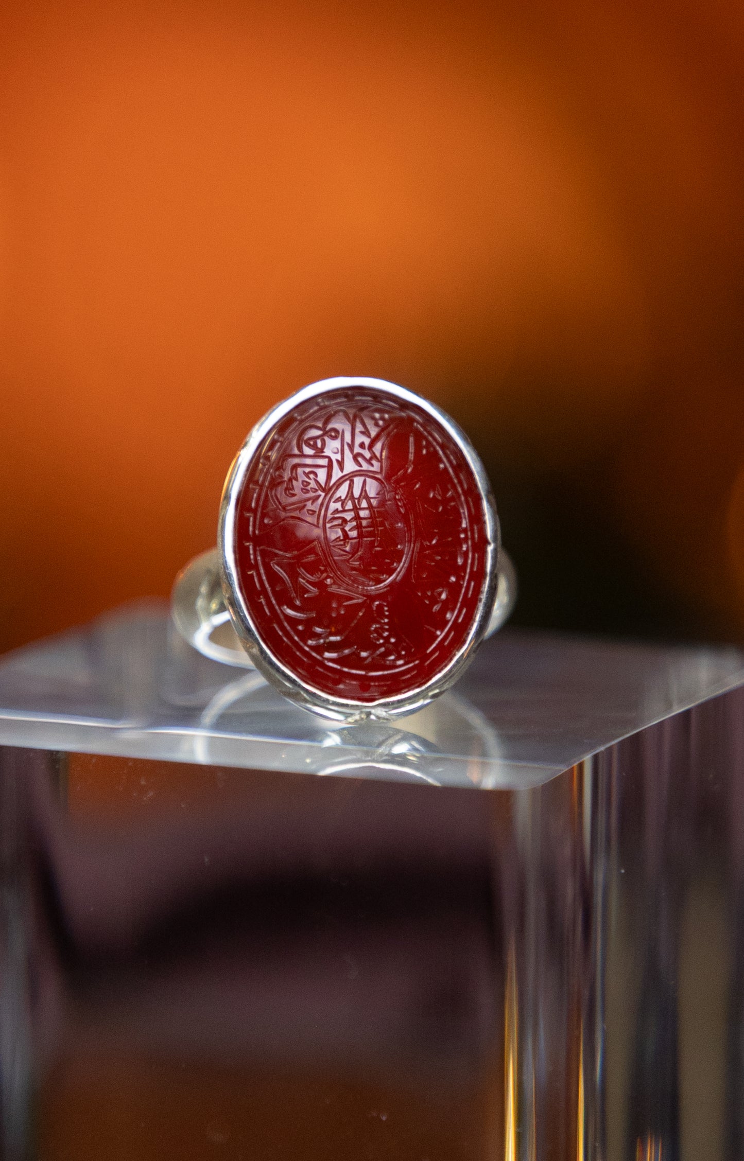 Engraved Red Yemeni Agate Silver Ring