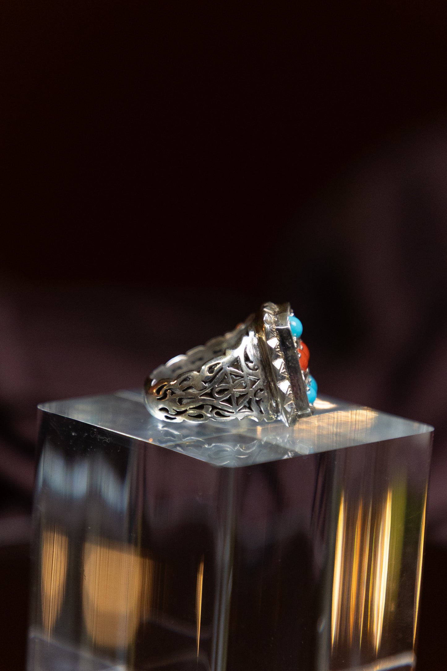 Turquoise & Coral Silver Ring