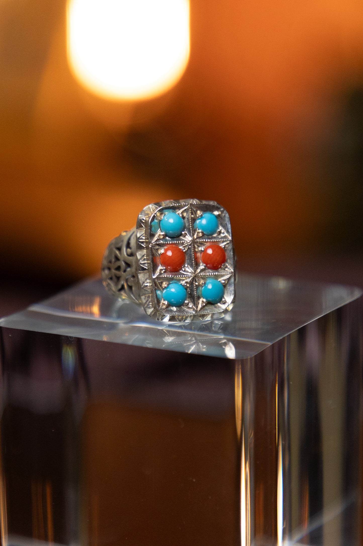 Turquoise & Coral Silver Ring