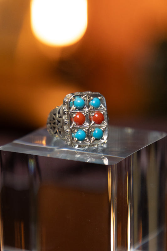 Turquoise & Coral Silver Ring