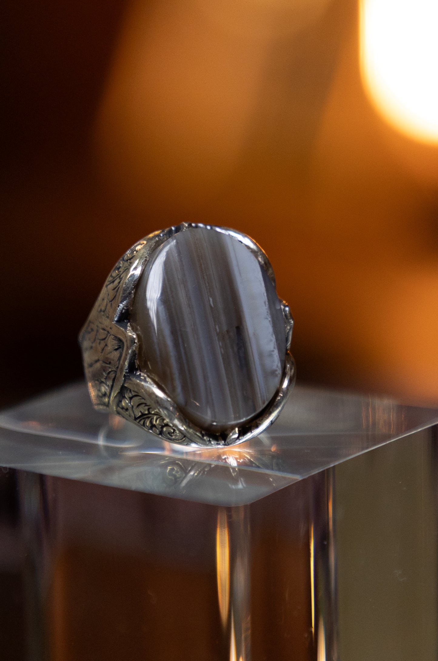 Brown/White Striped Yemeni Agate Silver Ring