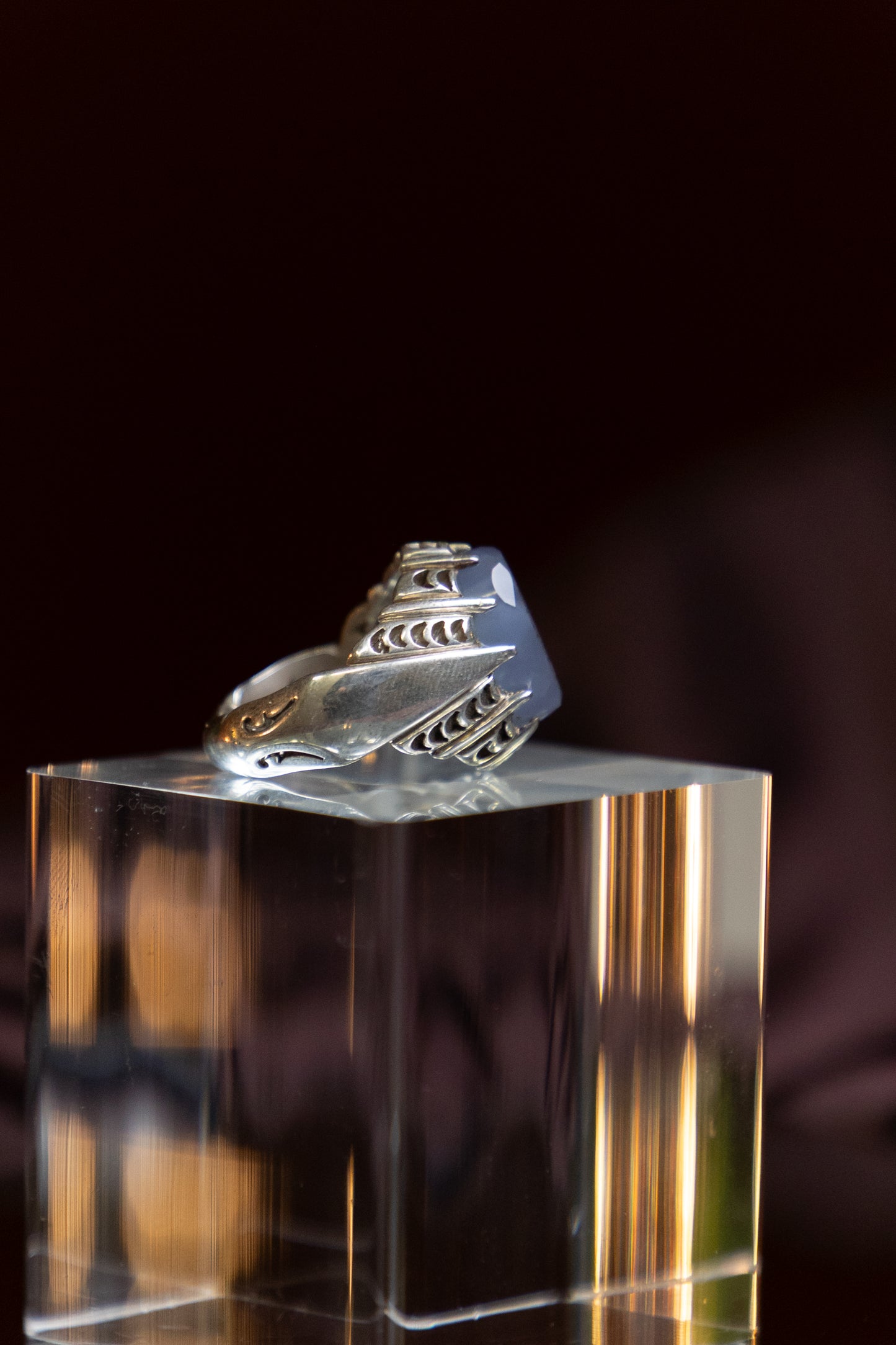 Engraved Blue Yemeni Agate Silver Ring