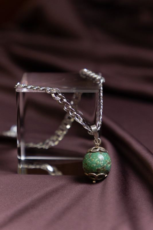 Green Turquoise ball gemstone Pendant capped in Silver