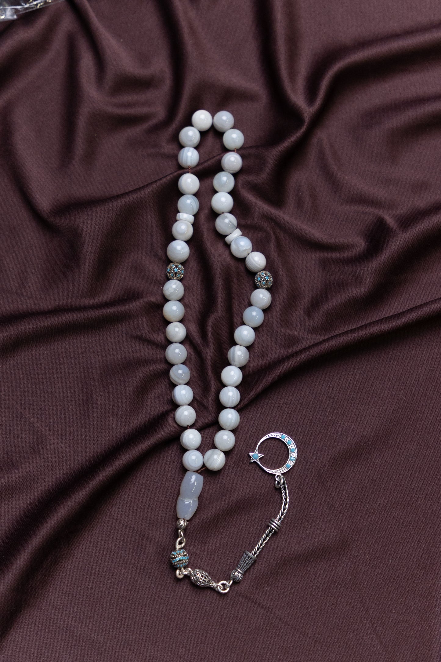 White Yemeni Agate Masbaha/Prayer beads with Silver tassel