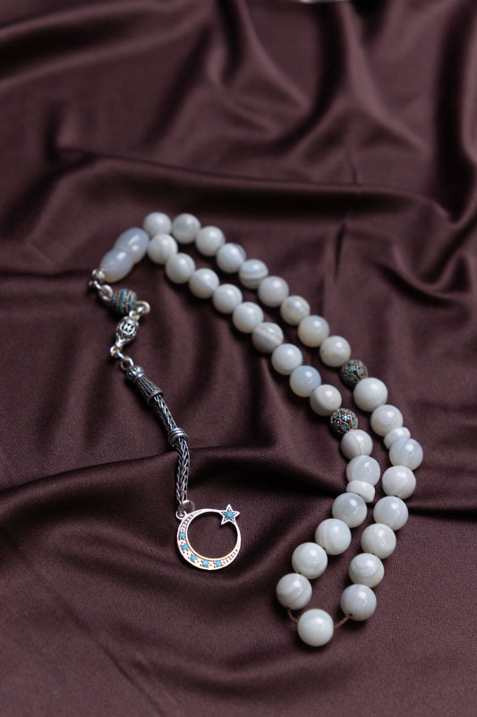 White Yemeni Agate Masbaha/Prayer beads with Silver tassel