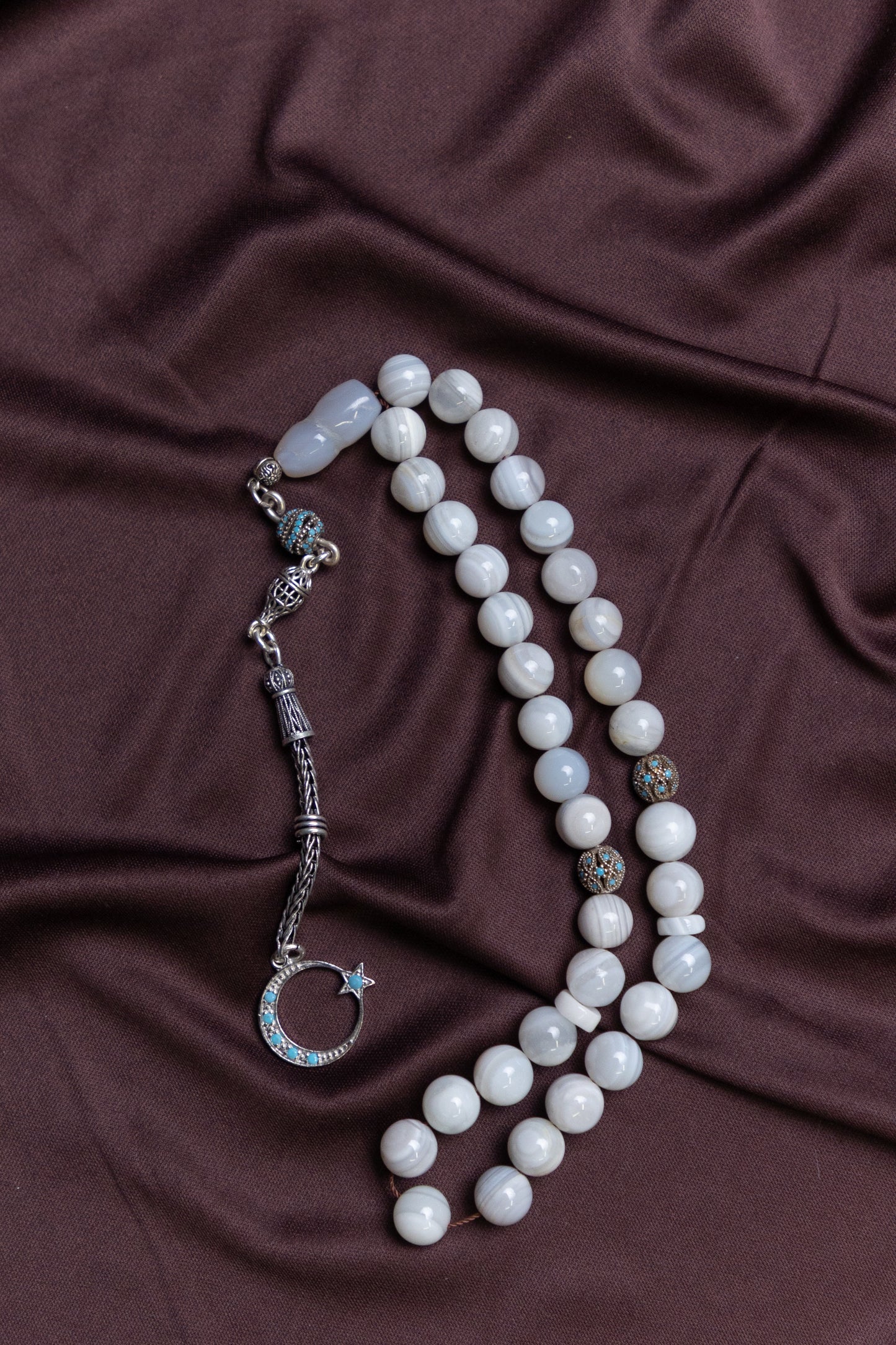 White Yemeni Agate Masbaha/Prayer beads with Silver tassel
