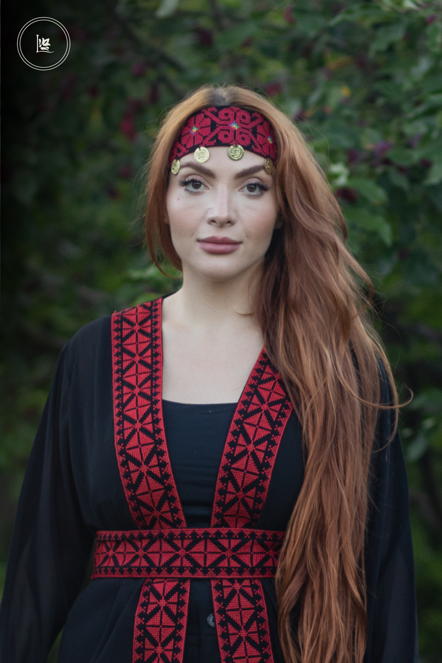 Tatreez Sheer Abaya & Tatreez Headband with Coins