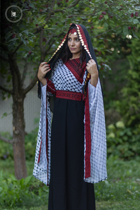Deluxe Kufiya Tatreez Dress & Tatreez Veil with Coins
